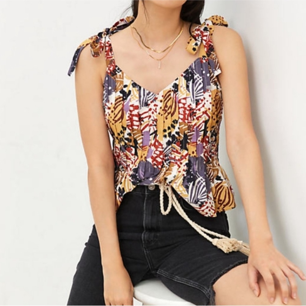🍊 Anthropologie Tie-Strap Peplum Tank – Orange Motif – Size Small – NWT